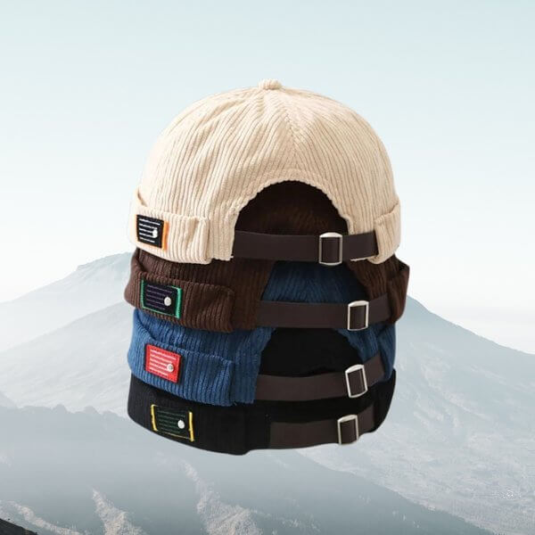 Stack of adjustable corduroy brimless hats in various colors for men and women against a mountain background