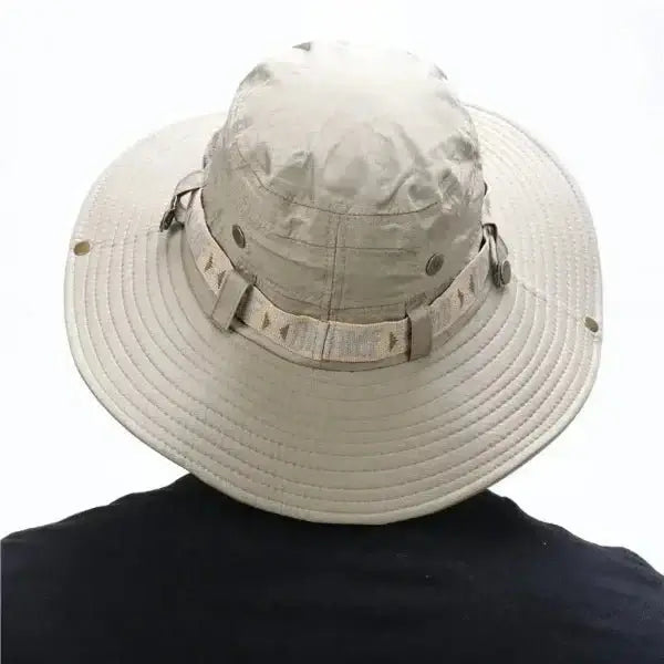 Beige wide brim bucket hat for men - perfect for hiking, fishing, gardening, and outdoor adventures.