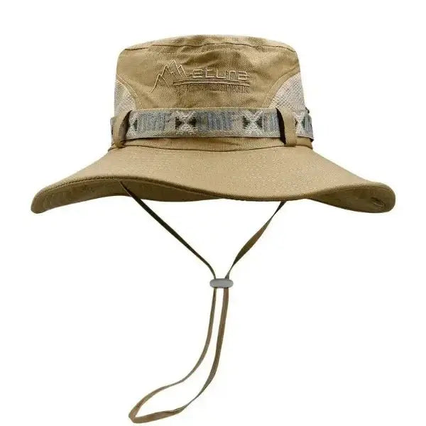 Beige wide brim bucket hat for men with chin strap, perfect for hiking, fishing, and outdoor sports.