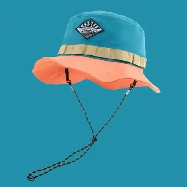 Colorful wide brim bucket hat with chin strap for outdoor sun protection.