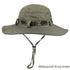 Army green waterproof wide brim bucket hat for men, ideal for hiking, fishing, outdoor sports, featuring stylish chin strap and design.