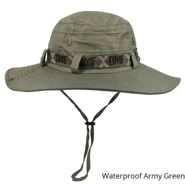 Army green waterproof wide brim bucket hat for men, ideal for hiking, fishing, outdoor sports, featuring stylish chin strap and design.