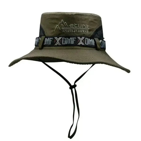Green waterproof wide brim bucket hat for men with chin strap, ideal for hiking, fishing, and outdoor activities.