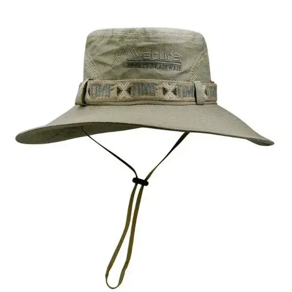 Green waterproof wide brim bucket hat for men with chin strap, ideal for hiking, fishing, gardening, and outdoor sports.