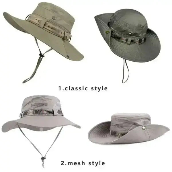 Four styles of wide brim bucket hats in beige and green, perfect for hiking, fishing, and outdoor adventures.