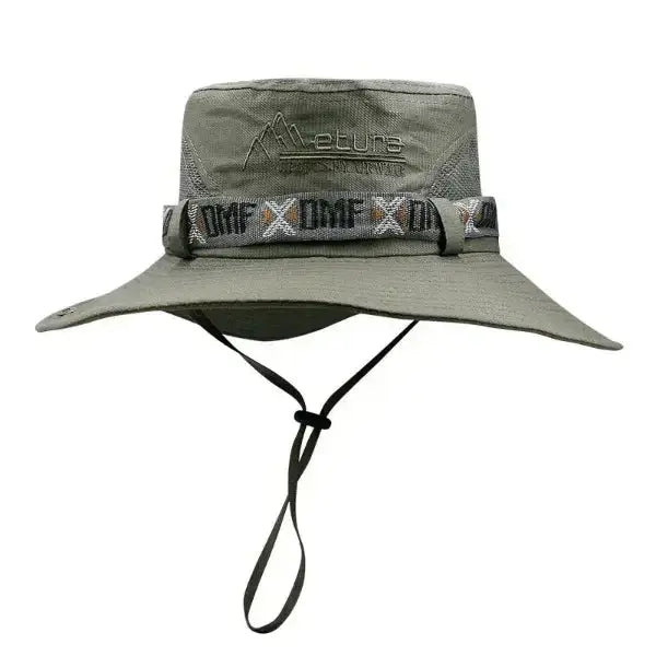 Green waterproof wide brim bucket hat for men with chin strap, ideal for hiking, fishing, and outdoor sports, by CAMOLAND.