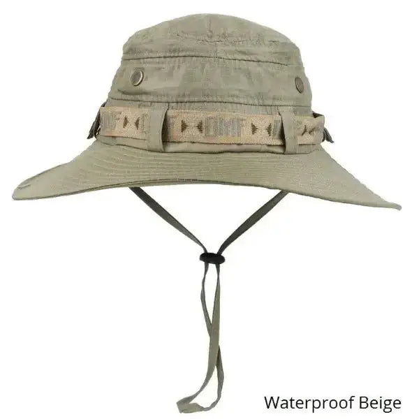 Beige waterproof wide brim bucket hat for men with chin strap, ideal for hiking, fishing, outdoor sports, and beach activities.