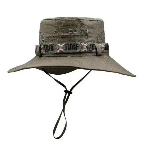 Wide brim beige bucket hat for men, perfect for hiking, fishing, and outdoor adventures, with adjustable chin strap for sun protection.