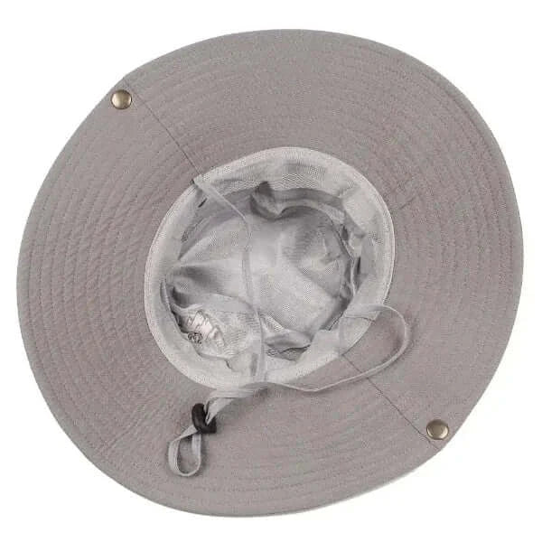 Wide brim bucket hat for men in gray, featuring adjustable chin strap, perfect for hiking, fishing, and outdoor sports. Durable and stylish safari hat.