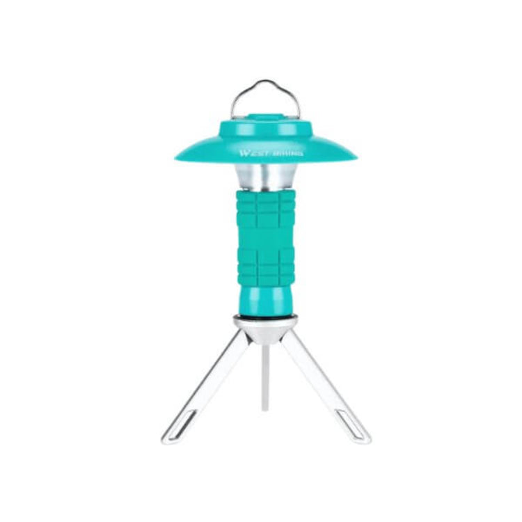 Turquoise camping lantern and LED flashlight with durable silicone exterior on a tripod stand for outdoor adventures.