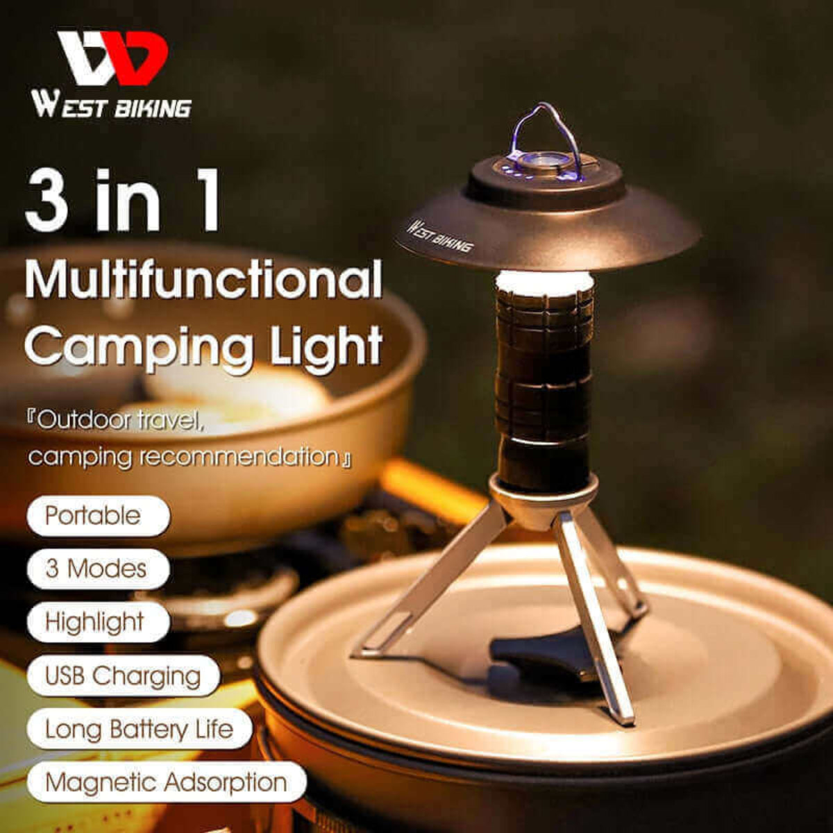 Multifunctional camping light with USB charging and long battery life, featuring 3 modes and magnetic adsorption for outdoor travel.