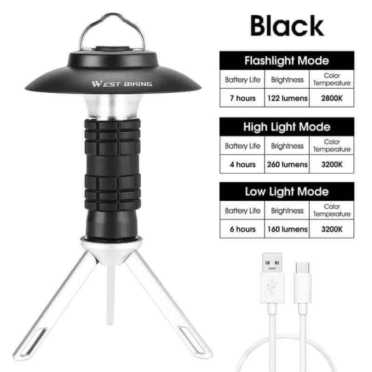 Black camping lantern with tripod stand, rechargeable via USB. Flashlight, high, and low light modes with battery life and brightness details.
