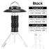 Black camping lantern with tripod stand, rechargeable via USB. Flashlight, high, and low light modes with battery life and brightness details.