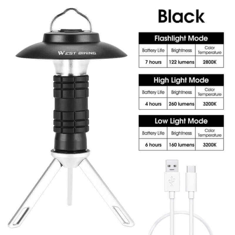 Black camping lantern with tripod stand, rechargeable via USB. Flashlight, high, and low light modes with battery life and brightness details.