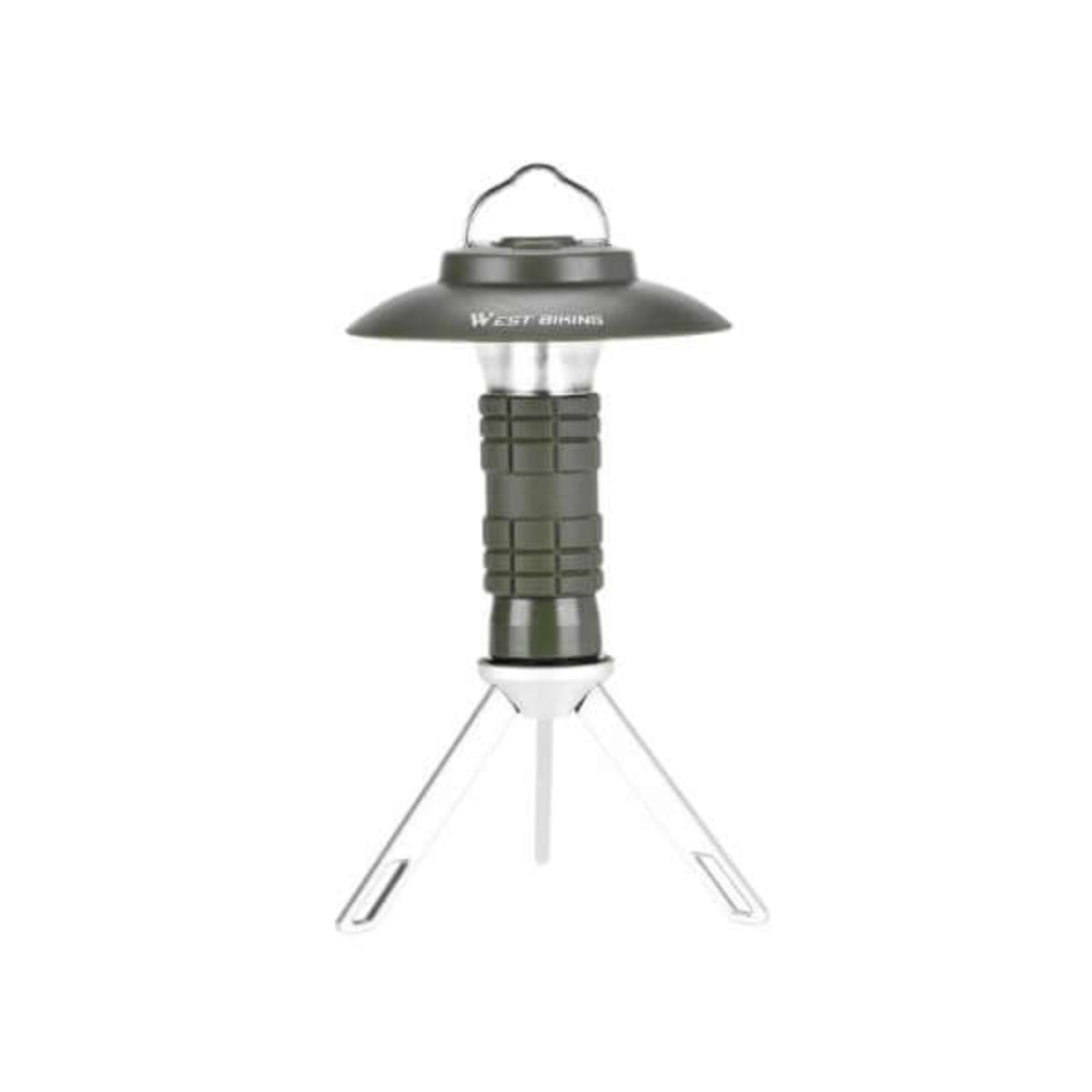 Durable camping lantern with rechargeable LED flashlight and tripod stand for outdoor adventures.