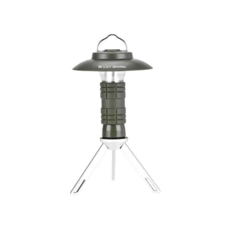 Durable camping lantern with rechargeable LED flashlight and tripod stand for outdoor adventures.