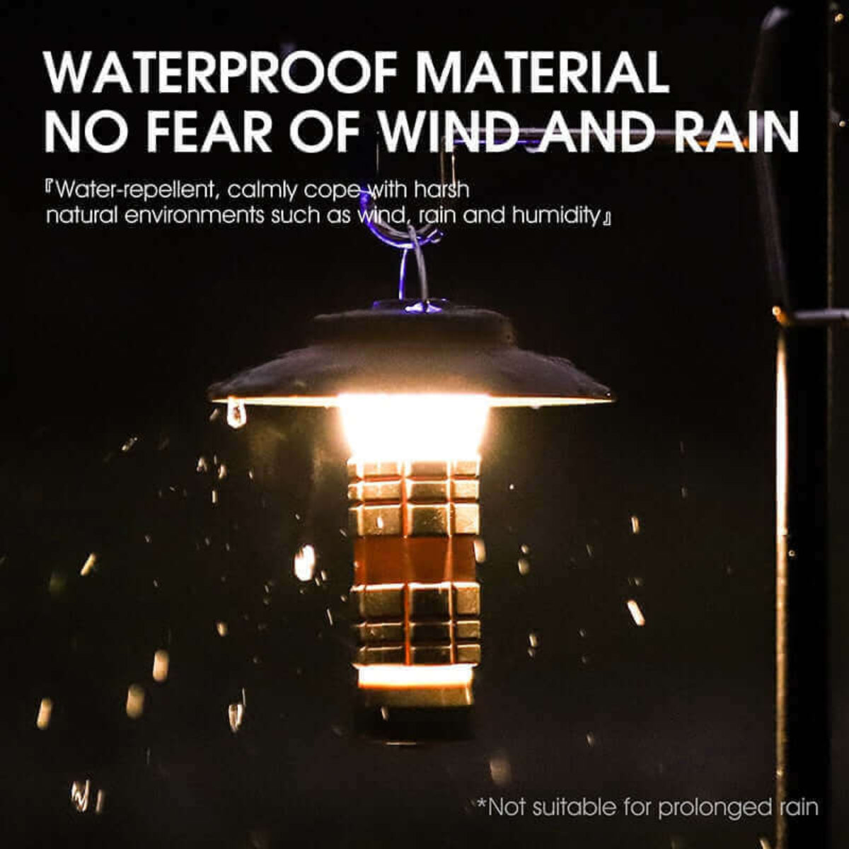 Waterproof camping lantern with LED light hanging in the rain, made of durable material for outdoor use in harsh weather conditions.