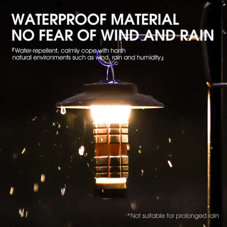 Waterproof camping lantern with LED light hanging in the rain, made of durable material for outdoor use in harsh weather conditions.