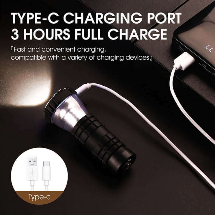 Type-C rechargeable camping lantern with USB port and power bank for fast 3-hour full charge, ideal for outdoor lighting and camping trips.