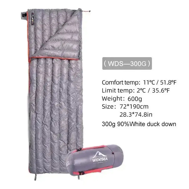 Camping Ultralight Sleeping Bag, 300g white duck down filling, 600g weight, 11°C/51.8°F comfort temp, 28.3x74.8in size, ideal for spring, summer, autumn