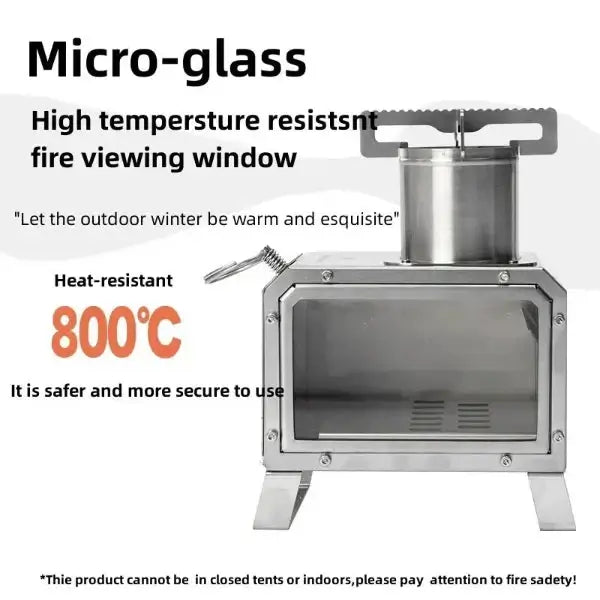 Portable stainless steel camping wood stove with heat-resistant micro-glass window, withstands temperatures up to 800ยฐC for safe outdoor use.