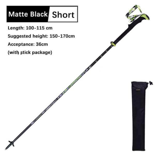 Matte black folding carbon fiber walking stick with adjustable length of 100-115 cm, shown with a carry bag for easy transport.