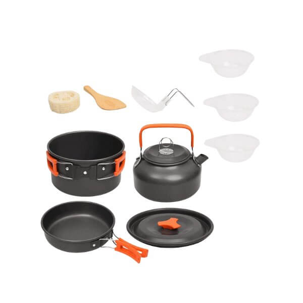 Best non stick camping cookware set with pot, pan, kettle, utensils, and bowls for healthy cooking and easy cleaning.