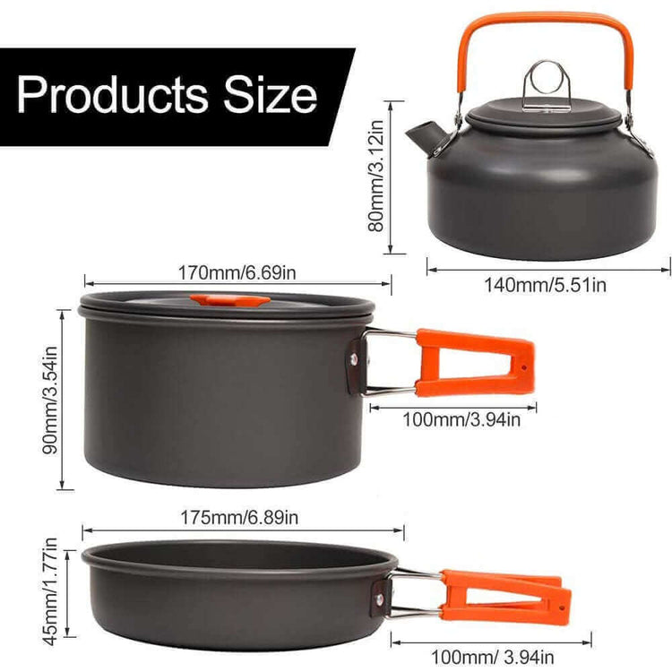 Dimensions of camping cookware set including pot, frying pan, and kettle with orange handles