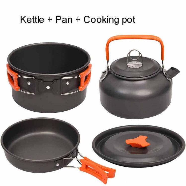 Non-stick camping cookware set with kettle, pan, and cooking pot, perfect for outdoor cooking, best pots and pans set for camping