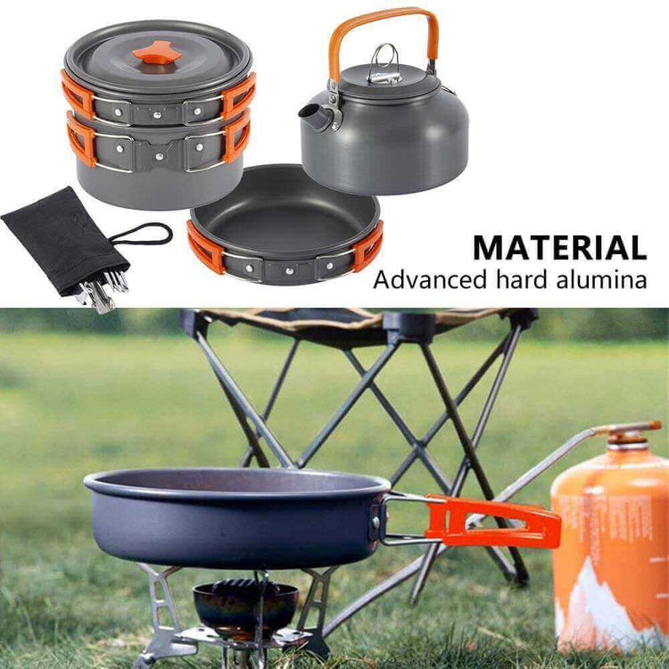 Camping cookware set with pot, pan, and kettle made from advanced hard alumina, featuring non-stick surfaces for easy cleaning and healthy cooking.