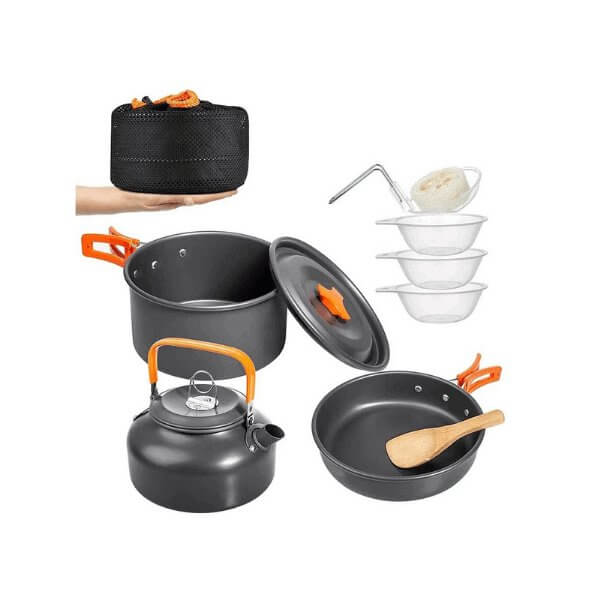 Non-stick camping cookware set with pots, pans, kettle, and utensils - best non-toxic cookware for camping and healthy cooking