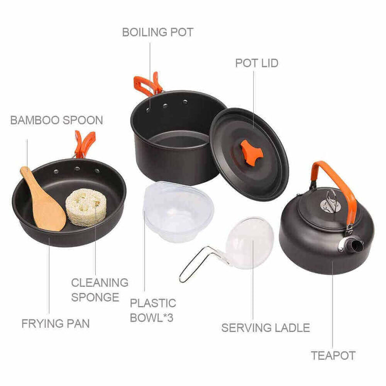 Camping cookware set with boiling pot, pot lid, frying pan, bamboo spoon, cleaning sponge, plastic bowls, serving ladle, and teapot.