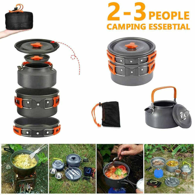 Non-stick camping cookware set for 2-3 people, featuring pots, pans, and kettle, ideal for outdoor cooking with quick heat transfer and easy cleaning.