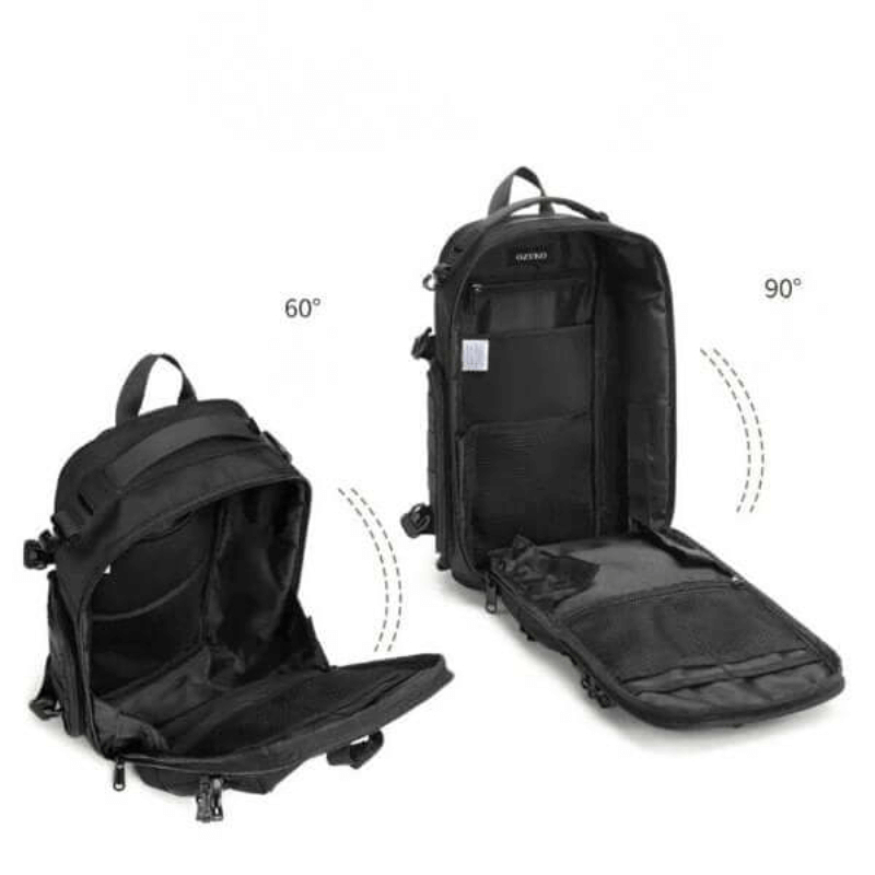 Tactical  black waterproof crossbody sling bag with multiple zipper pockets open at 60 and 90 degrees, white background