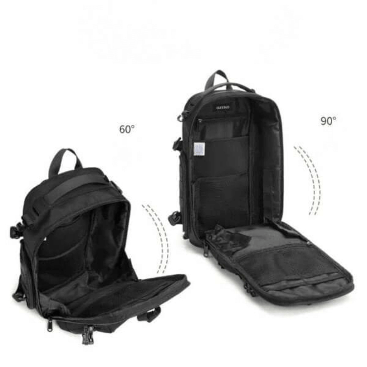 Tactical black waterproof crossbody sling bag with multiple zipper pockets open at 60 and 90 degrees, white background