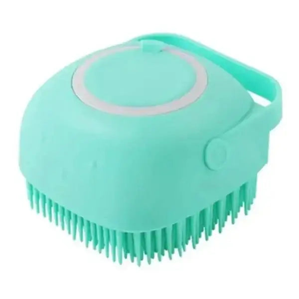 Silicone dog brush with shampoo dispenser, ideal for grooming and bathing pets, suitable for cats and dogs of all hair lengths and types