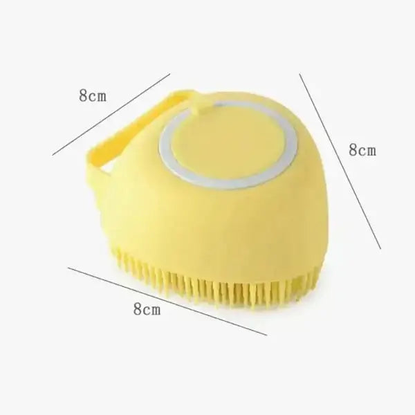 Yellow silicone dog brush with shampoo dispenser, soft bristle massage brush, 8cm dimensions, ideal for dog grooming and cat shedding.