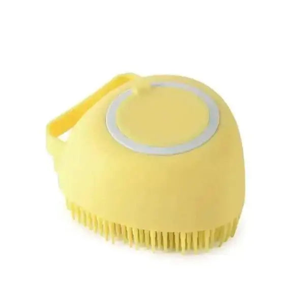 Silicone dog grooming brush with built-in shampoo dispenser, ideal for all pet types including cats and dogs with long or short hair.