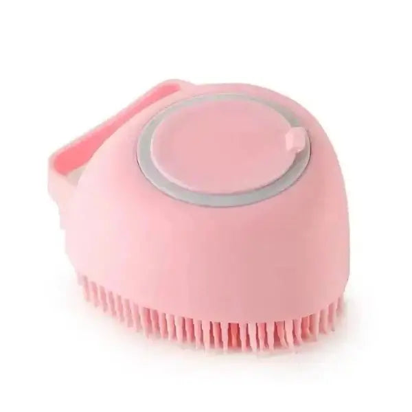 Pink dog brush with built-in shampoo dispenser, soft silicone bristles, ideal for dog grooming, cat grooming, and pets with long or short hair.
