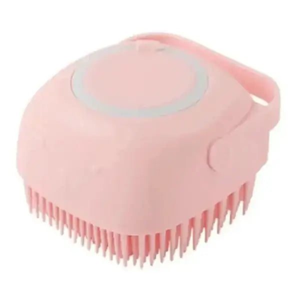 Dog grooming brush with built-in shampoo dispenser, pink silicone pet bathing brush for dogs and cats, soft bristles for easy lathering and massage