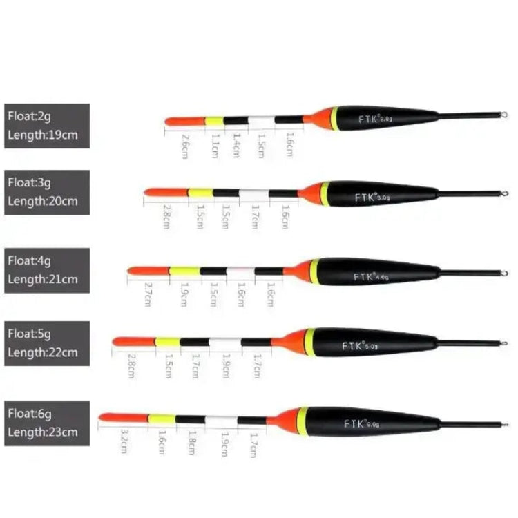 FTK fishing floats model 5 with lengths and weights from 19cm and 2g to 23cm and 6g.