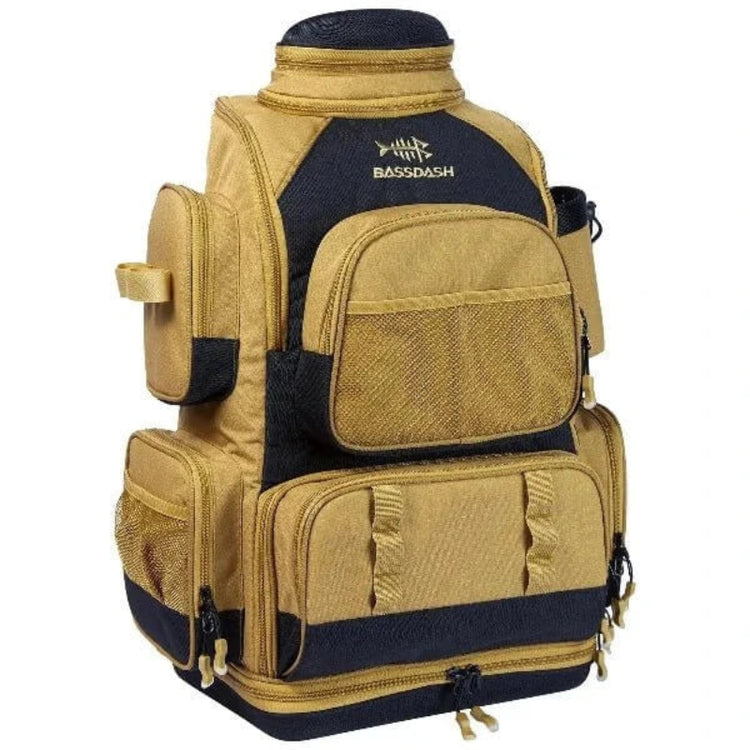Waterproof fishing tackle backpack with protective rain cover, multiple compartments, and impact-resistant base.