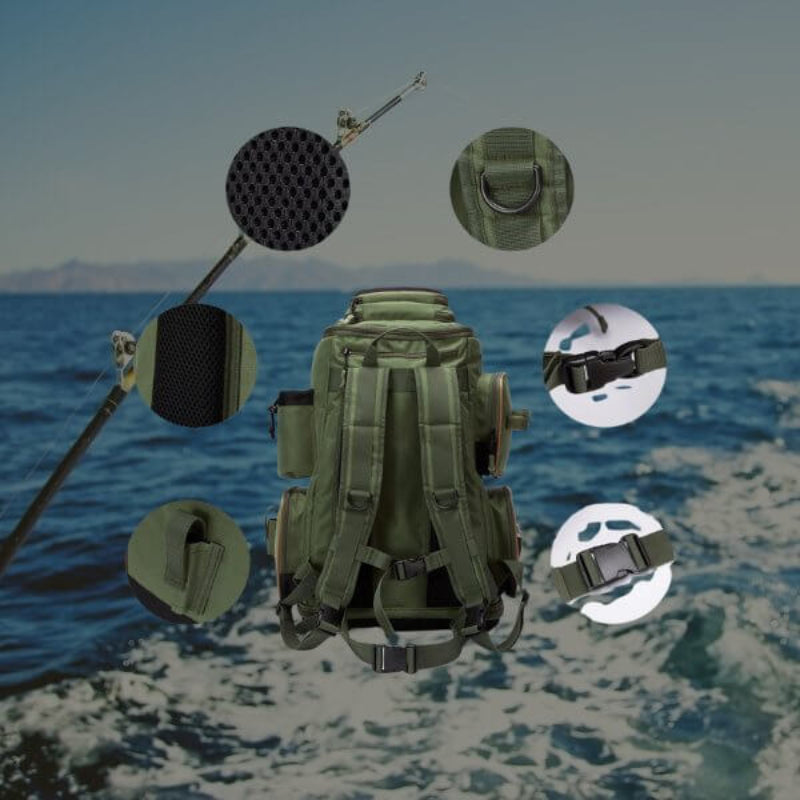 Fishing tackle backpack with protective rain cover, adjustable compartments, waterproof base, and multiple pockets for fishing gear and accessories.
