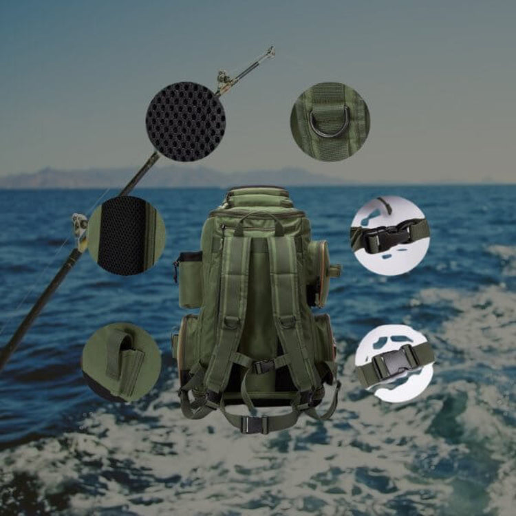 Fishing tackle backpack with protective rain cover, adjustable compartments, waterproof base, and multiple pockets for fishing gear and accessories.