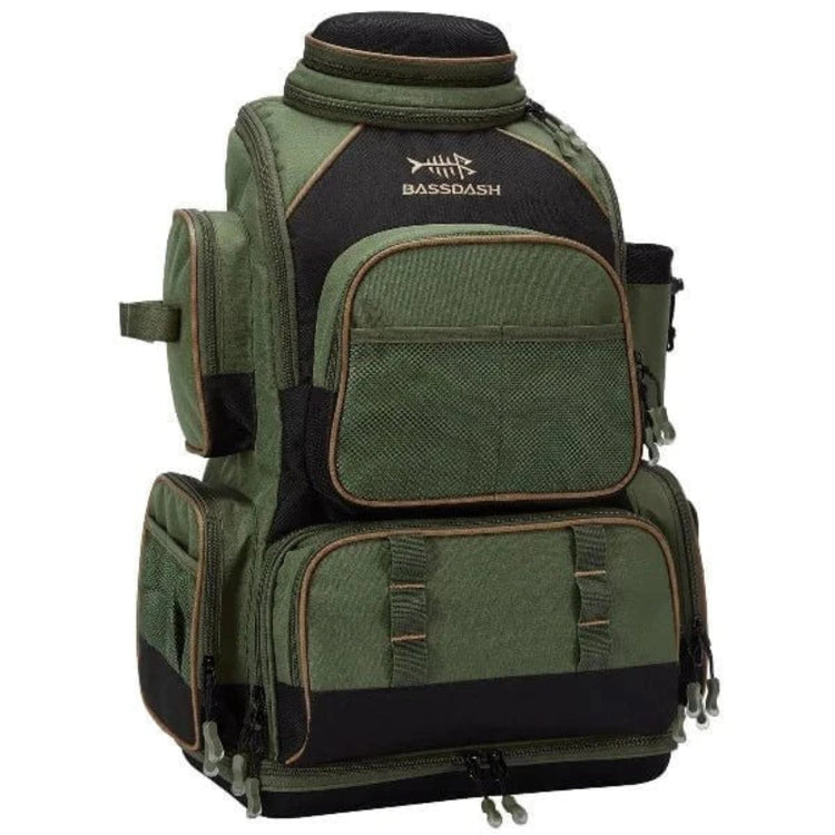 Waterproof fishing tackle backpack with multiple compartments and green design for carrying fishing gear.
