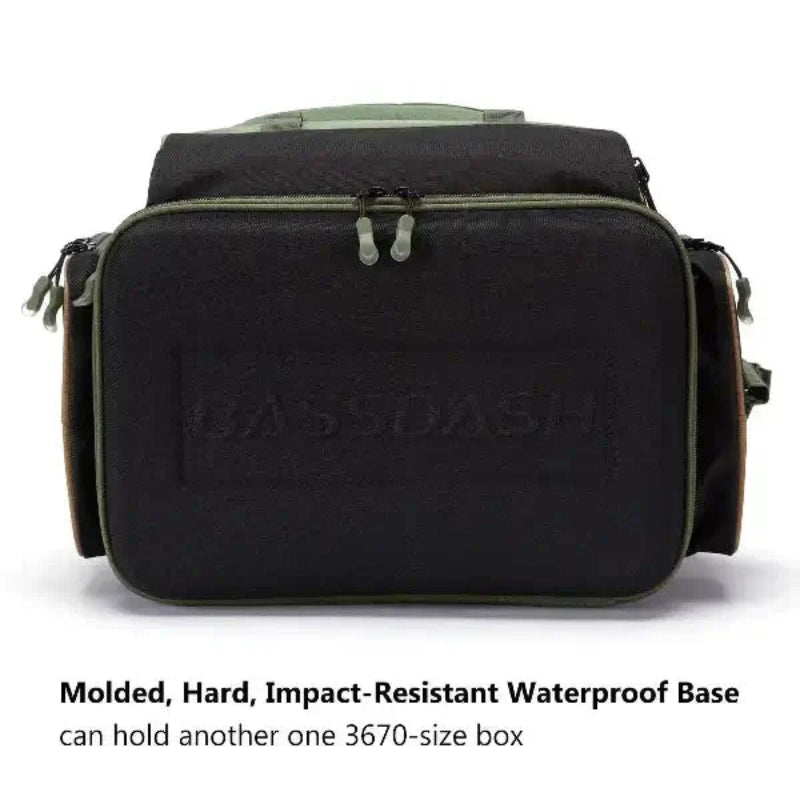 Waterproof fishing tackle backpack with molded, hard, impact-resistant base for additional 3670-size utility box storage.