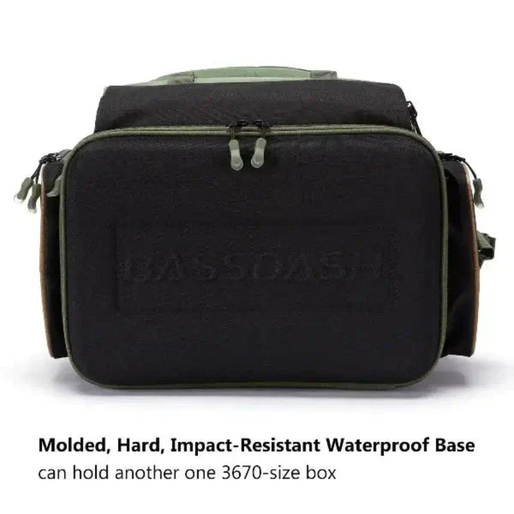 Waterproof fishing tackle backpack with molded, hard, impact-resistant base for additional 3670-size utility box storage.