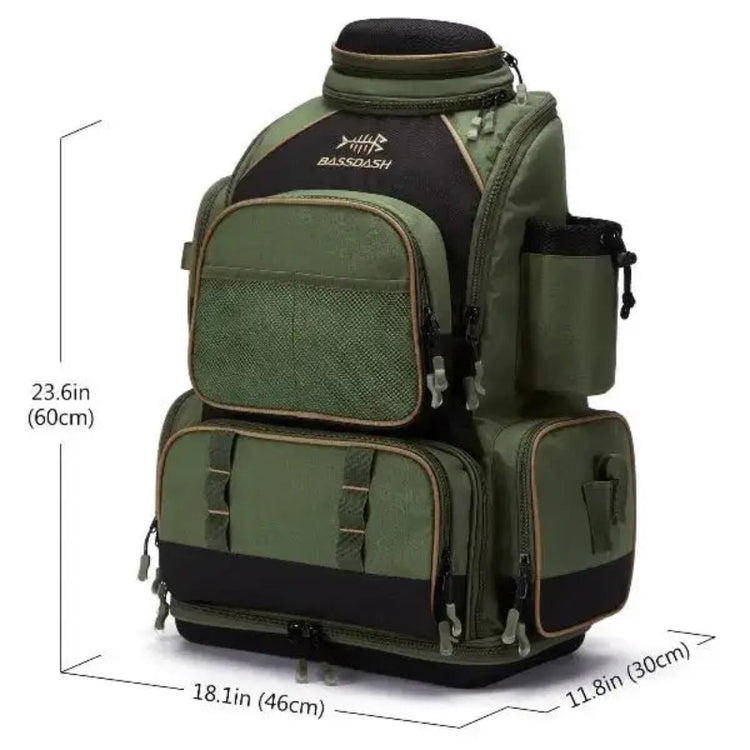 Waterproof fishing tackle backpack with protective rain cover, multiple compartments, and impact-resistant base, ideal for fishing gear.