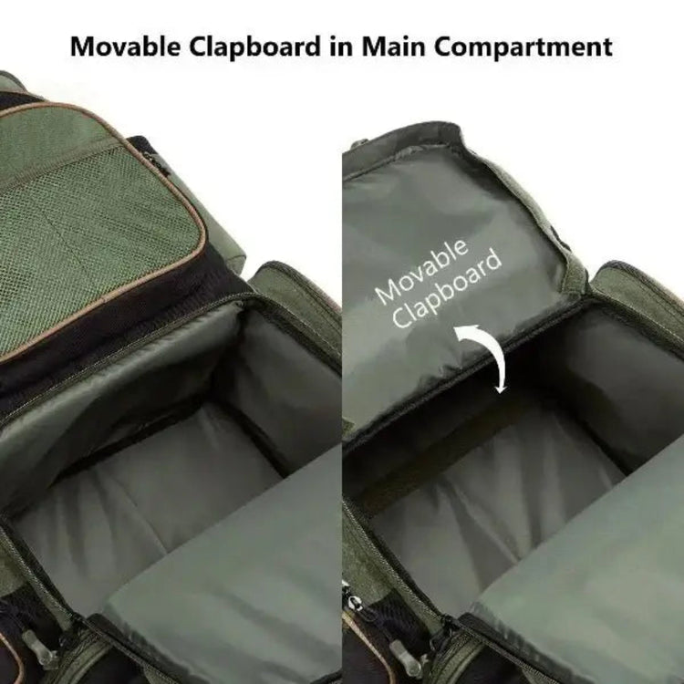 Interior view of waterproof fishing tackle backpack with movable clapboard in the main compartment for adjustable storage
