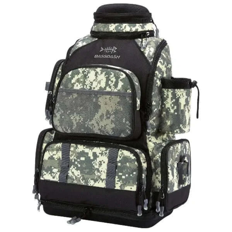 Camouflage waterproof fishing tackle backpack with multiple compartments and protective rain cover - best fishing backpack for gear and tackle